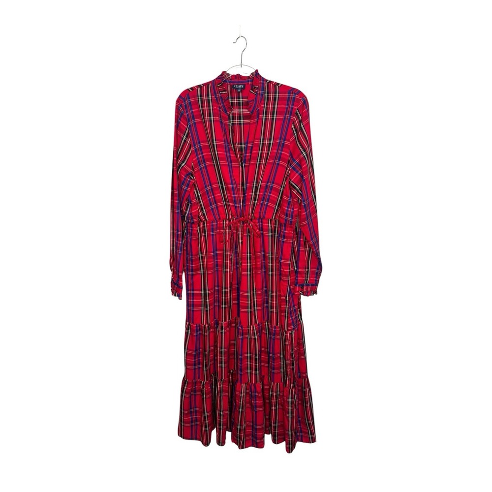 Chaps Tartan Plaid Tiered Maxi Dress XL Holiday Preppy Christmas Long Sleeves - Picture 2 of 6